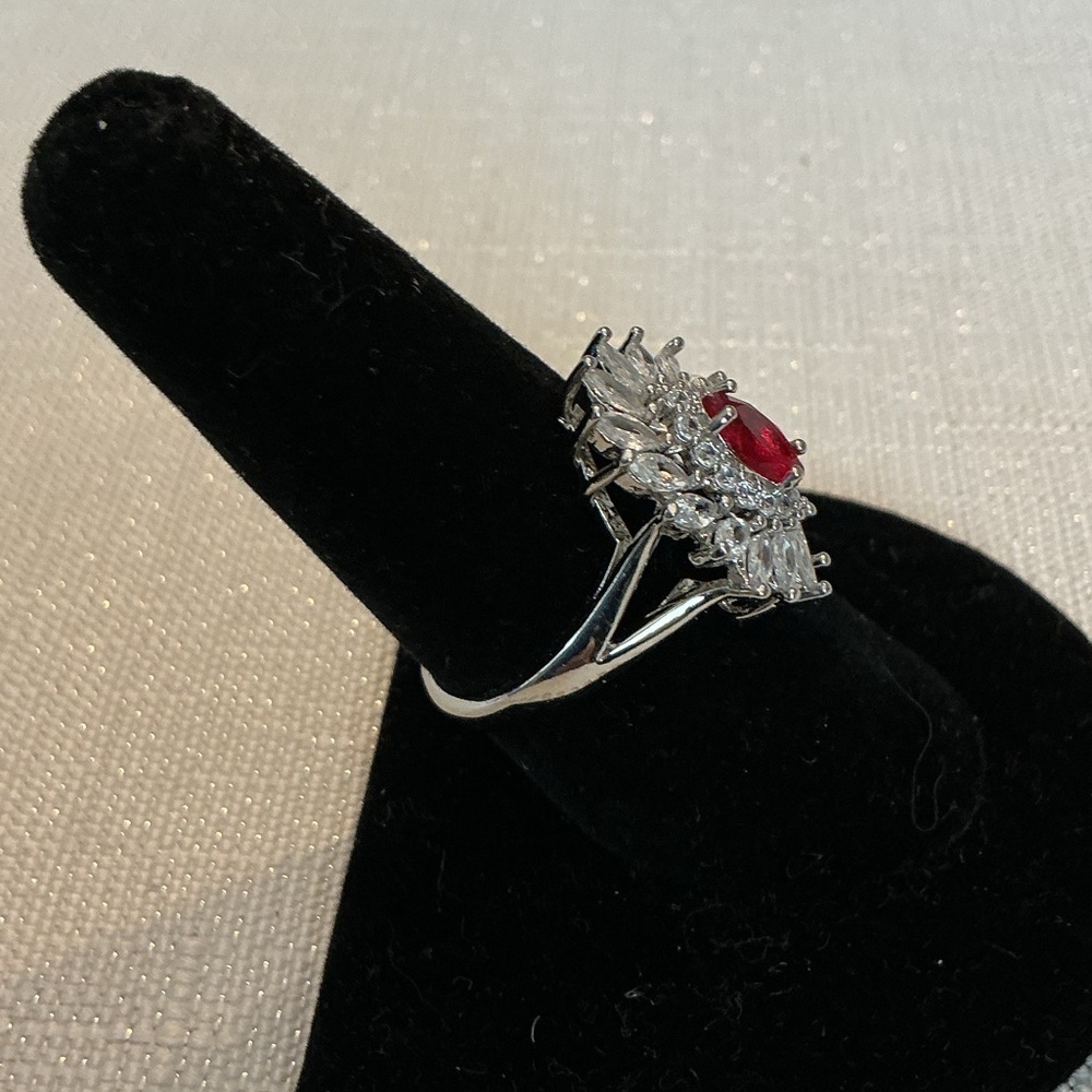 Sterling Silver Ring with Marquise Ruby-Center and Clear Crystal Halo - Picture 4 of 4